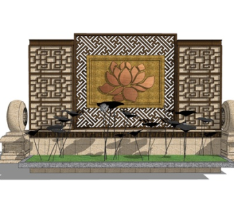 新中式景观墙su模型