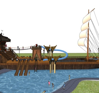 中式帆船水上滑梯su模型