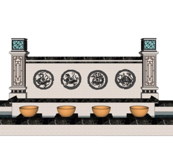 新中式水池背景墙su模型