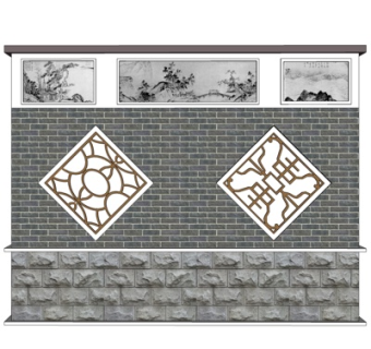 新中式景观墙su模型