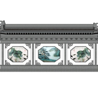 新中式景观墙su模型