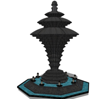 中式八边形喷泉小品su模型