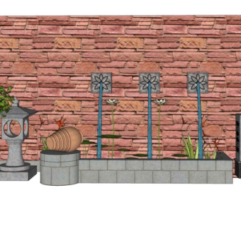 新中式流水景观墙su模型