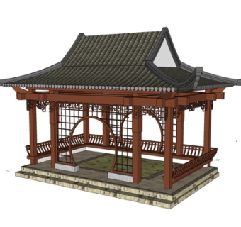中式实木凉亭su模型