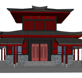 中式独栋别墅外观su模型