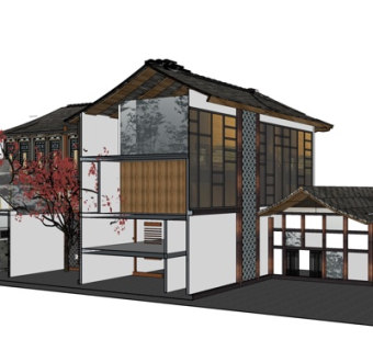新中式独栋别墅外观su模型