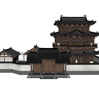 中式独栋别墅外观su模型