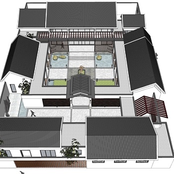新中式二进四合院su模型