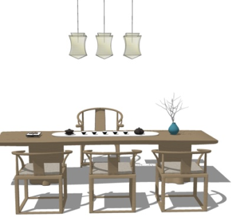 新中式茶桌椅su模型