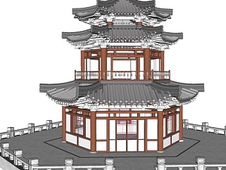 中式双层阁楼塔su模型