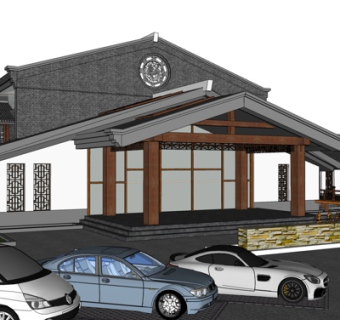 中式酒店外观su模型