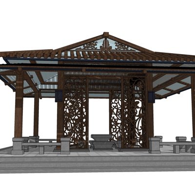 新中式歇山顶四角亭su模型