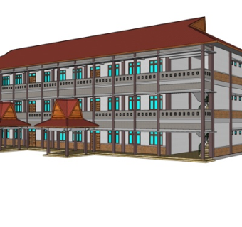 东南亚酒店外观su模型