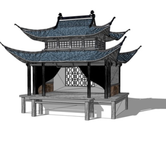 中式歇山顶戏台su模型