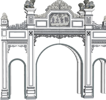 新中式四柱三间牌楼su模型