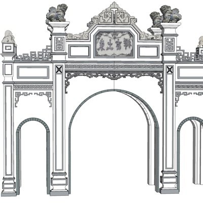 新中式四柱三间牌楼su模型