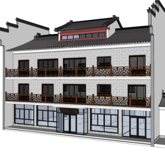 中式酒店外观su模型