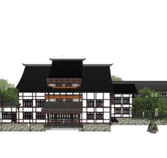 中式度假酒店su模型