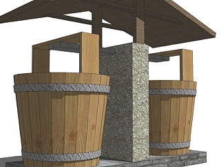 中式实木水桶造型垃圾桶su模型