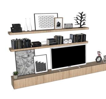 现代原木电视柜su模型