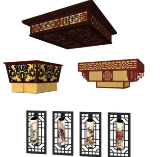 新中式实木吊灯su模型