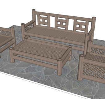 新中式竹编休闲桌椅su模型