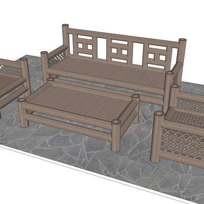 新中式竹编休闲桌椅su模型