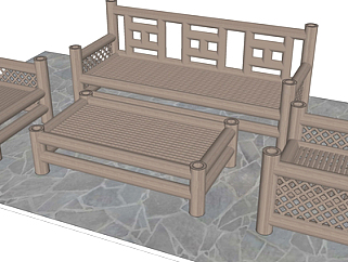 新中式竹编休闲桌椅su模型