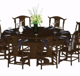 新中式实木餐桌椅su模型