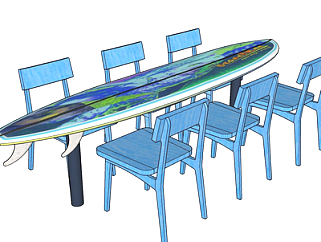 地中海实木餐桌椅su模型