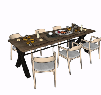现代实木餐桌椅su模型