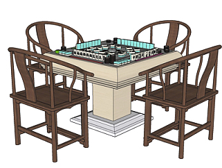 新中式麻将桌椅su模型