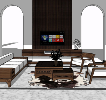 现代实木组合沙发su模型