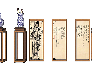 中式字画古董摆件su模型