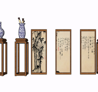 中式字画古董摆件su模型