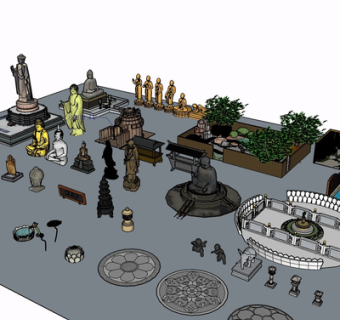 中式佛像雕塑组合su模型