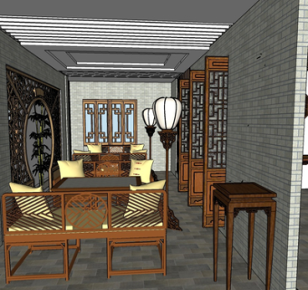 新中式实木休闲沙发su模型