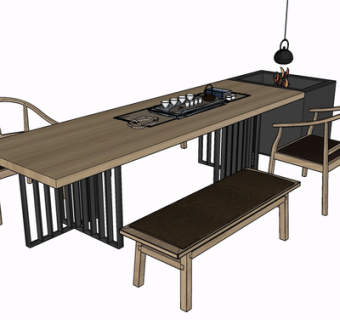 新中式实木茶桌椅su模型