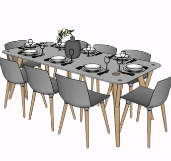 北欧实木餐桌椅su模型