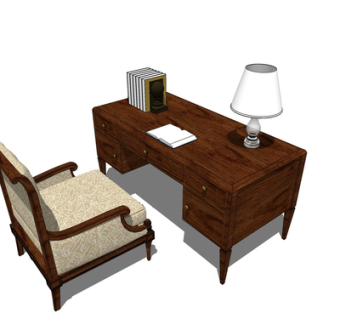 美式实木书桌椅su模型