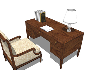 美式实木书桌椅su模型