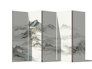 新中式山水画屏风su模型
