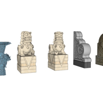 中式石鼓石狮子小品su模型