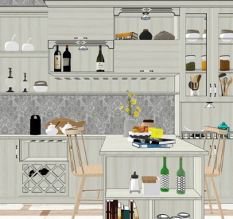 北欧实木餐桌椅橱柜su模型