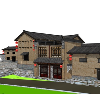 中式古建客栈外观su模型