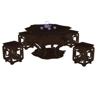 中式实木茶桌椅su模型