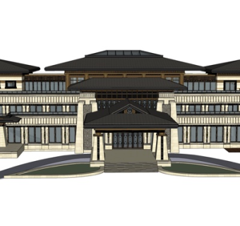 中式会所外观su模型