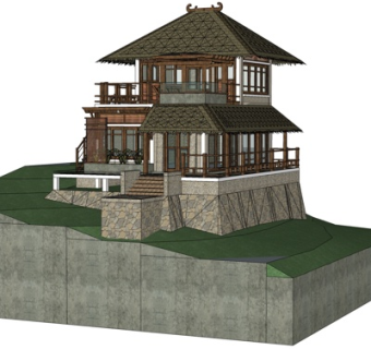 新中式独栋别墅外观su模型