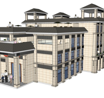 新中式会所外观su模型