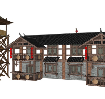 中式古建客栈外观su模型